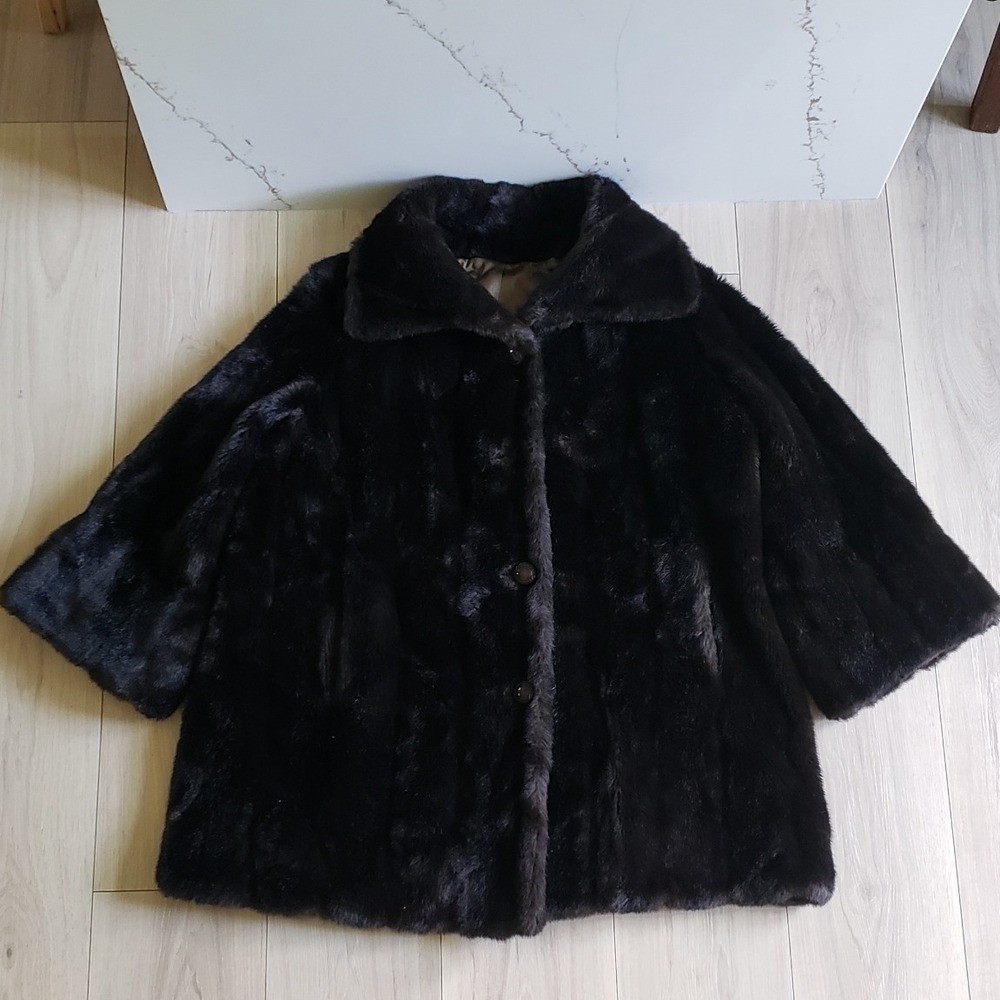 Tissavel France Coat Faux Fur Womens L XL Brown‎ Plush Jacket Old Hollywood Glam